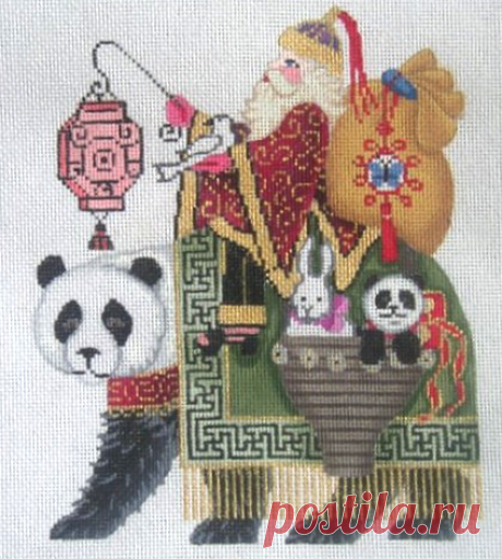 Brenda Stofft Designs - Santa on Panda - Needle Nook Santa on Panda (B-105) is a Christmas themed needlepoint canvas design from Brenda Stofft Designs available at the Needle Nook of La Jolla.