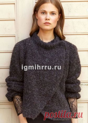 Жакет из теплой буклированной пряжи, с запахивающимися полочками. Вязание спицами