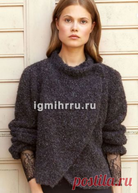 Жакет из теплой буклированной пряжи, с запахивающимися полочками. Вязание спицами