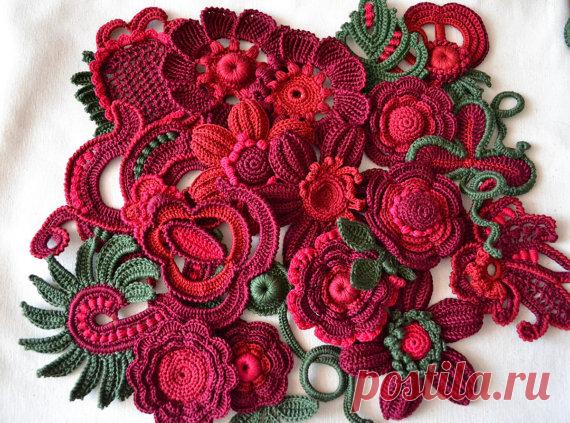 Irish crochet Marsala Cherry Dress Application Decor Collar Dark green  Boho style Wine Flowers Leaves Crochet Handmade 2 