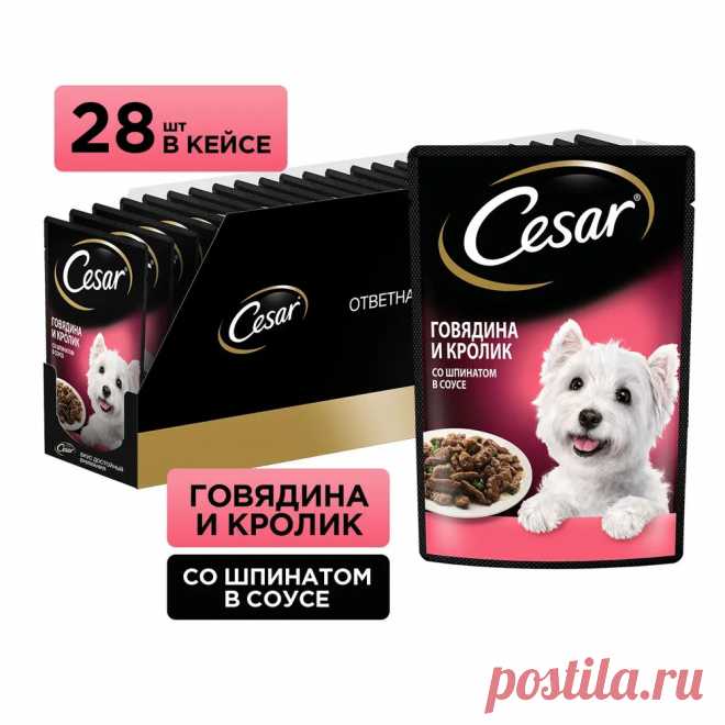 Влажный корм для собак Cesar Adult, с говядиной, кроликом и шпинатом кусочки в соусе, 28 х 85 г - купить с доставкой по выгодным ценам в интернет-магазине OZON (181790516)