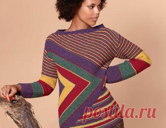 Разноцветный джемпер в полоску - схема вязания спицами. Вяжем Джемперы на Verena.ru Схема и описание вязания на спицах  разноцветного джемпера в полоску (модели 102) из журнала «Verena»№1/2017