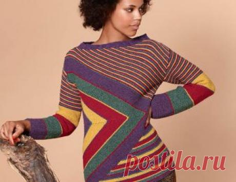 Разноцветный джемпер в полоску - схема вязания спицами. Вяжем Джемперы на Verena.ru Схема и описание вязания на спицах  разноцветного джемпера в полоску (модели 102) из журнала «Verena»№1/2017