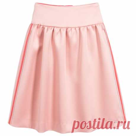Pink Satin Skirt A beautiful, light pink polyester satin skirt for girls, with coral pink satin stripes on the sides, by Emporio Armani. It has a matching coral pink lining with soft gathers from the wide waistband, and a silver metal eagle logo badge near the hem. 

