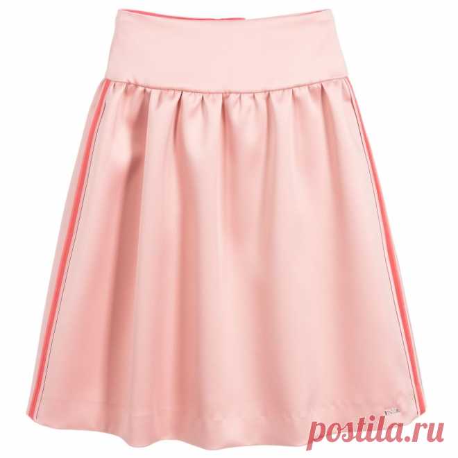 Pink Satin Skirt A beautiful, light pink polyester satin skirt for girls, with coral pink satin stripes on the sides, by Emporio Armani. It has a matching coral pink lining with soft gathers from the wide waistband, and a silver metal eagle logo badge near the hem. 
