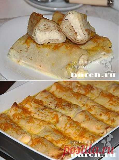 Блинчики с творогом под сливочно-апельсиновым соусом.