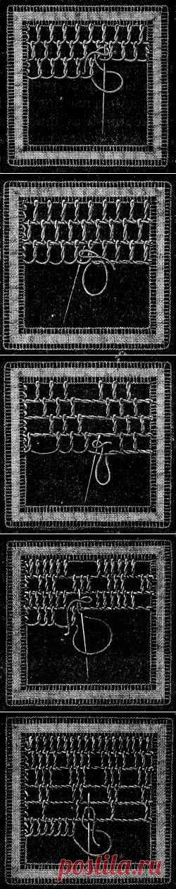 Irish Lace - Chapter XIII - Encyclopedia of Needlework, Irish lace materials, Irish lace patterns, tacking down the braids, bars of different kinds, Insertion stitches