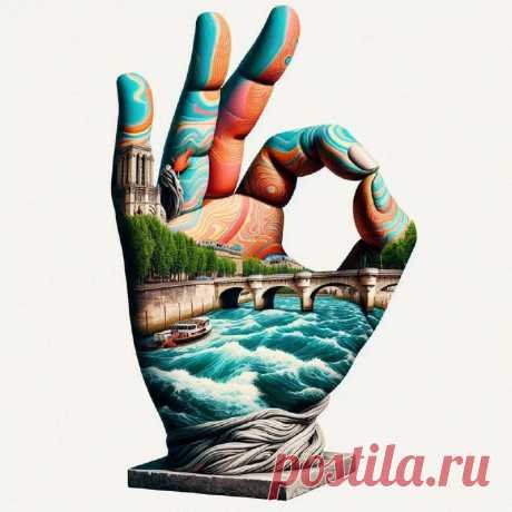 Рука статуи и знак ОК над Сеной: коллаж в стиле 1970-х. Нейросеть Dalle - Dalle примеры промтов - Форум ИИ о нейросетях - Yes Ai