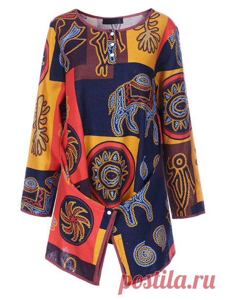 Autumn Ethnic Multi-color Printing O Neck Irregular Hem Blouse For Women - Newchic
