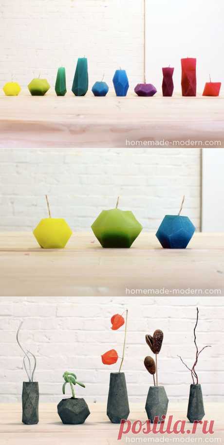 Свечи и гипсовые вазочки геометрической формы. Шаблоны и мастер-класс.