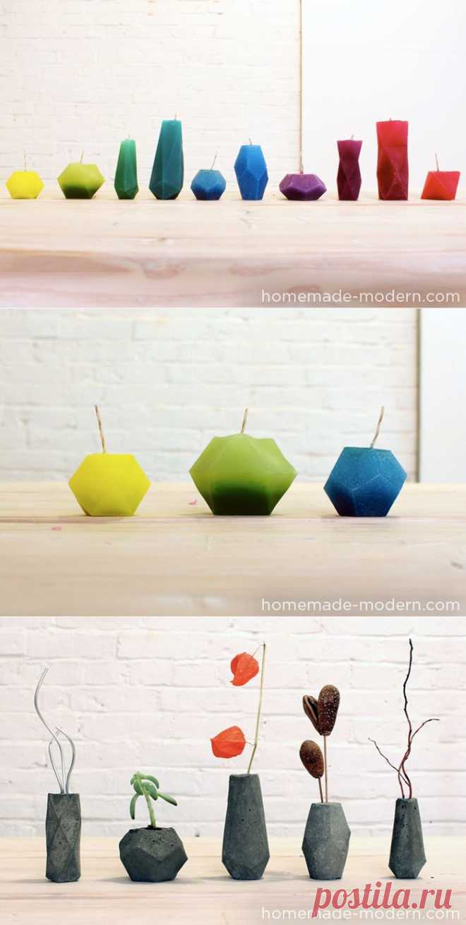 Свечи и гипсовые вазочки геометрической формы. Шаблоны и мастер-класс.