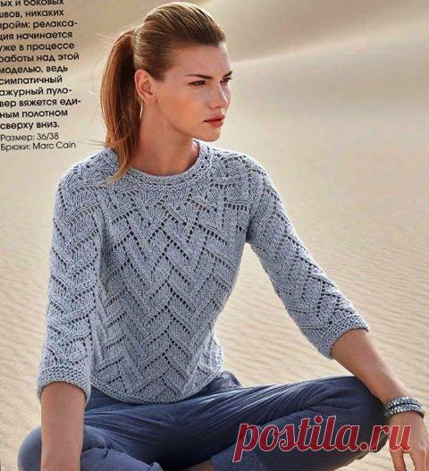 Летний ажурный женский пуловер с круглой кокеткой спицами