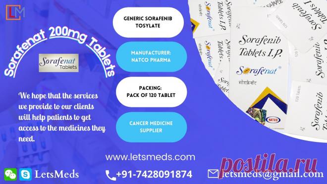 Buy now wholesale price Sorafenib 200mg tablet manufactured by Natco under the brand name Sorafenat from LetsMeds Trusted Exporter & Supplier. Sorafenib Tosylate Tablet Natco Generic Nexavar used to treat liver, kidney or thyroid cancer. Learn about the Generic Sorafenib Uses, Side Effects and price from LetsMeds Wholesale Exporter of Cancer Medication online. With the purpose of making medicines affordable, we keep Sorafenib 200mg Tablet price very low so that patients can easily access it.