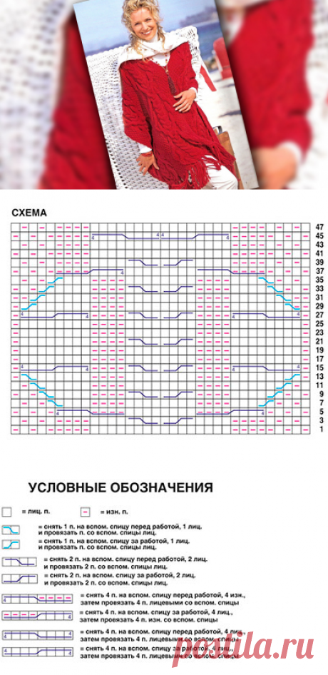 Красное пончо с «косами» | Loveknitting.ru