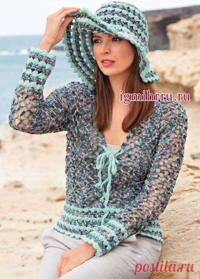 Модный летний комплект: меланжевый ажурный жакет и шляпа с большими полями. Вязание крючком
