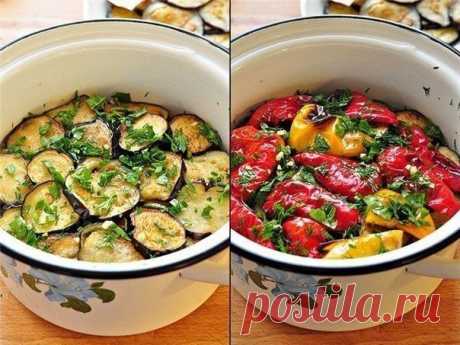 Закуска из маринованных баклажанов и перцев-гриль