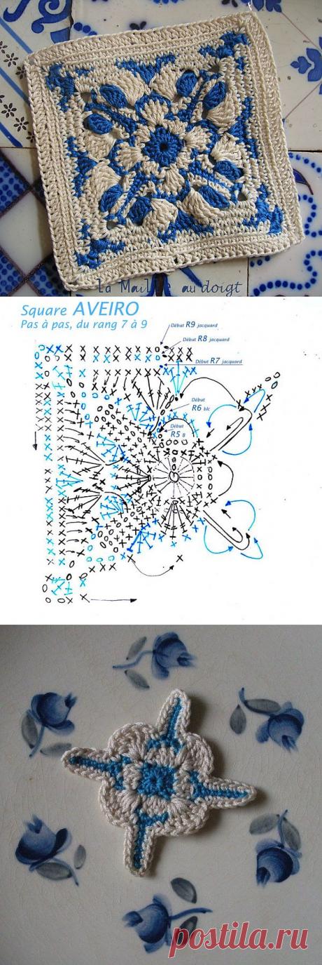 Красивейший &quot;бабушкин квадрат&quot; крючком в стиле &quot;гжель&quot;.