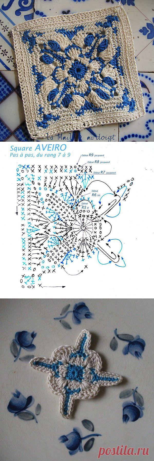 Красивейший "бабушкин квадрат" крючком в стиле "гжель".