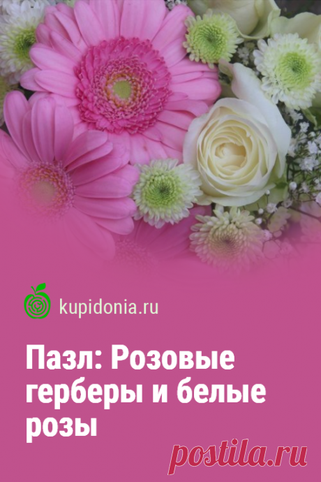 Пазл: Розовые герберы и белые розы. Красивый яркий пазл онлайн с герберами и розами из серии «Пазлы с цветами онлайн». Собирай пазлы на сайте и тренируй свой мозг.
