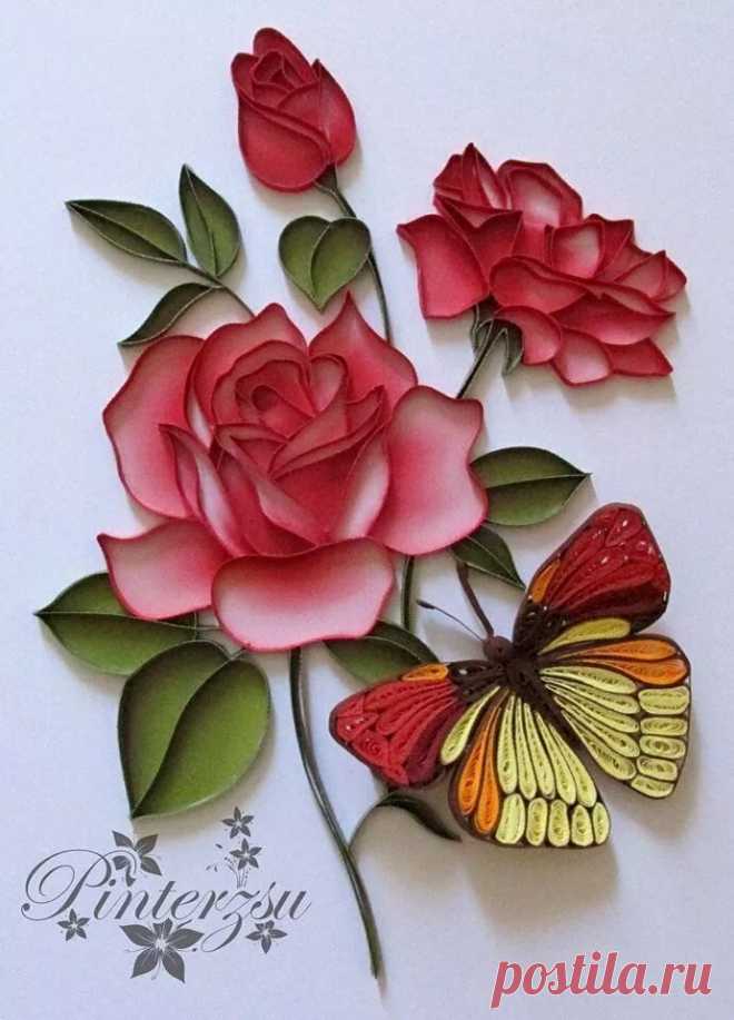 Roses and a Butterfly. Quilling квилинг Узоры из бумажных лент, Квиллинг узоры и Открытки с квиллингом в Яндекс.Коллекциях