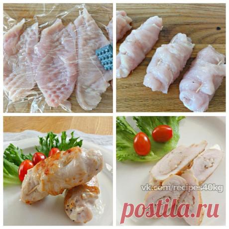 Куриные рулетики с чесноком
на 100грамм - 110.26 ккалБ/Ж/У - 22.69/1.18/0.59 

Ингредиенты: 
Куриное филе - 500 г
Чеснок - 10 г
Соль, перец - по вкусу

Приготовление: 
Филе вымыть и обсушить. Вдоль каждого филе сделать неглубокий надрез (в месте утолщения филе). Сделать надрезы вправо и влево, не прорезая филе насквозь, и потом раскрыть как книгу. Отбить кусочки филе между двумя слоями пищевой пленки. Натереть солью и перцем, положить измельченный чеснок и завернуть в виде...