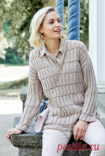Пост на стене Удлинённый серо-бежевый пуловер с V-образным вырезом и фактурным узором ♥Европейские размеры: 38/40 (42/44) 46/48.  Российские размеры: 44/46 (48/50) 52/54.  Для вязания нам потребуется 400 (450) 500 г серо-бежевой (цвет № 90) пряжи SCHULANA "Lanalpaco Fine": 56% хлопок, 27% натуральная шерсть, 17% шерсть альпака; 170 м/50 г. Спицы № 5 и крючок № 4,5.  УЗОРЫ ♥  Узор 1: резинка (число петель кратно 6 + 3 + 2 кромочны...