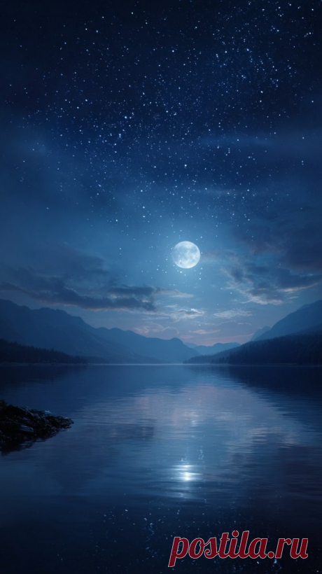 Безмятежная ночь: голубая луна над тихим озером и звездное небо. Картинка из нейросети Миджорни - Midjourney примеры промтов - Форум ИИ о нейросетях - Yes Ai
