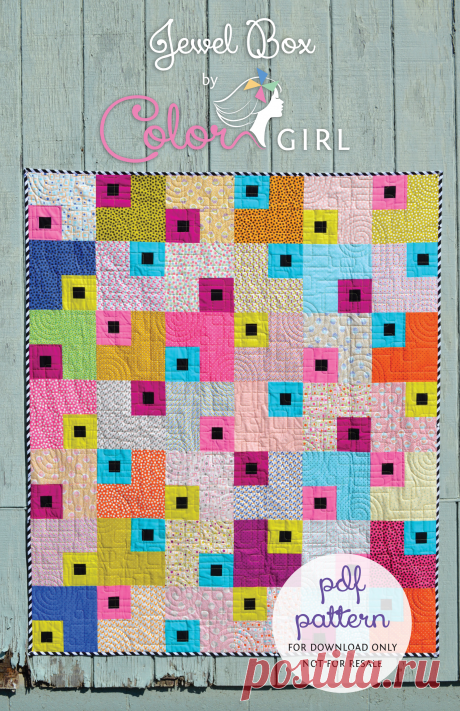Jewel Box Quilt Pattern - Color Girl Quilts by Sharon McConnell Have a favorite set of coordinating prints? Want to use some scrap stash? Jewel Box is simple-to-sew patchwork quilt with lots of options! It looks great with a variety of colorful prints, but would also be beautiful with "low volume" prints (or single color) and an emphasis on the diagonal pattern made by the solid color fabric "boxes."

Pattern is Layer Cake friendly (pre-cut 10" squares). Sizes can be easil...