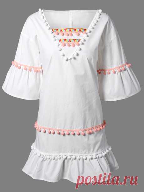 Pom Pom Embroidery V Neck 3/4 Sleeve Dress WHITE: Bohemian Dresses | ZAFUL