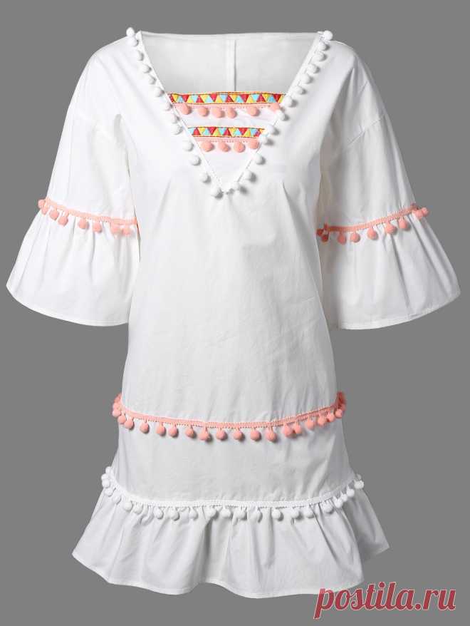 Pom Pom Embroidery V Neck 3/4 Sleeve Dress WHITE: Bohemian Dresses | ZAFUL