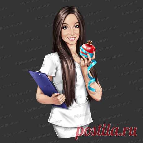 Рисунок по фото диетолог с плодом граната и лентой сантиметром. Для заказа шаржа медика пишите в директ или по ссылке с картинки.