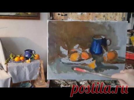 Мандарины с веточками. Живопись маслом. Простой натюрморт.