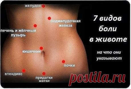 7 ВИДОВ БОЛИ В ЖИВОТЕ: 1. Боль в самом верху по центру, под ложечкой - это указывает на гастрит, Но может являться симптомом инфаркта (особенно если боль отдает в правую руку), либо аппендицита. 2. Боль в правом подреберье. Резкая боль, сопровождающаяся тяжестью, тошнотой, отдает в правое плечо - скорее всего является желчной (печеночной) коликой. Может свидетельствовать о наличии камней в желчном пузыре. Тупая боль, сопровождающаяся потерей аппетита - скорее всего это дискинезия желчевыводящих