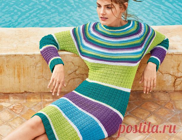 Платье в полоску со структурным узором - схема вязания спицами. Вяжем Платья на Verena.ru Схема и описание вязания на спицах платья в полоску со структурным узором из журнала «Verena Подиум» №1/2017