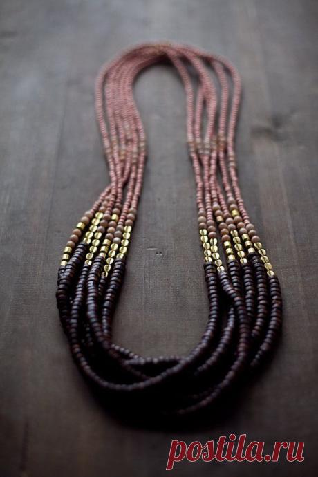 Mixed Media Boho Necklace Brown Pink Gold Metal