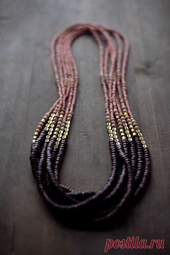 Mixed Media Boho Necklace Brown Pink Gold Metal