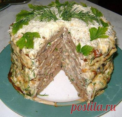 Печёночный торт с грибами