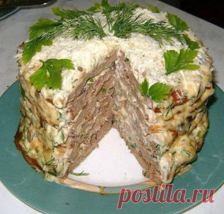 Печёночный торт с грибами
