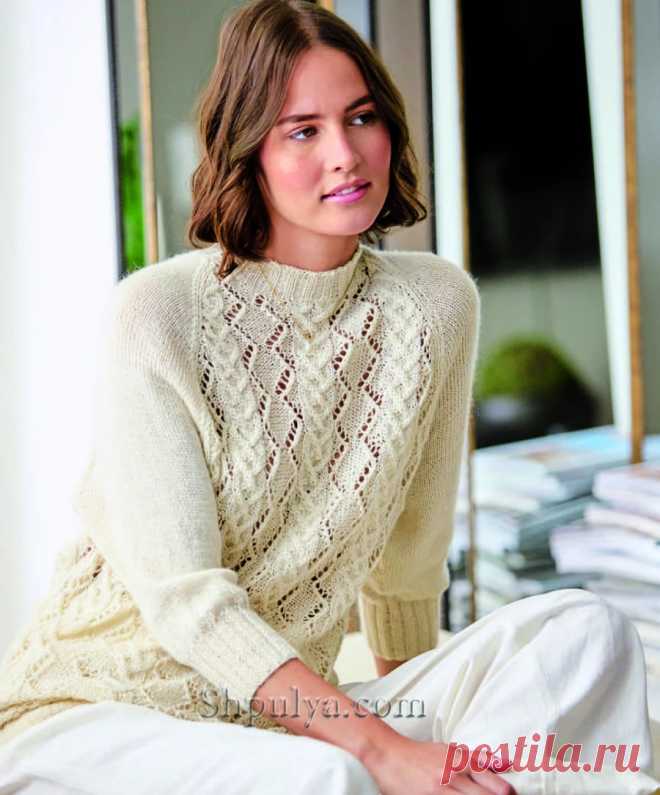 Белый пуловер с рукавами реглан и узором из ажурных «кос» — Shpulya.com - схемы с описанием для вязания спицами и крючком