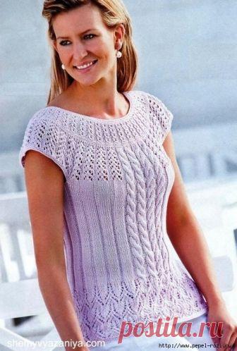 Нежно-сиреневый топ с круглой кокеткой и оригинальными узорами, вязанный спицами!