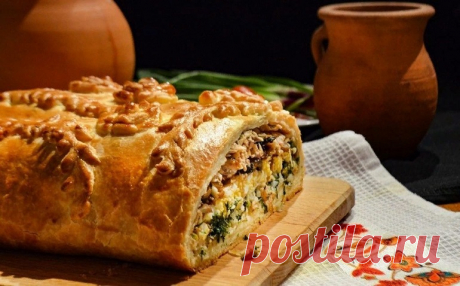 Кулебяка с мясом и еще тремя видами начинки: очень вкусный мясной пирог