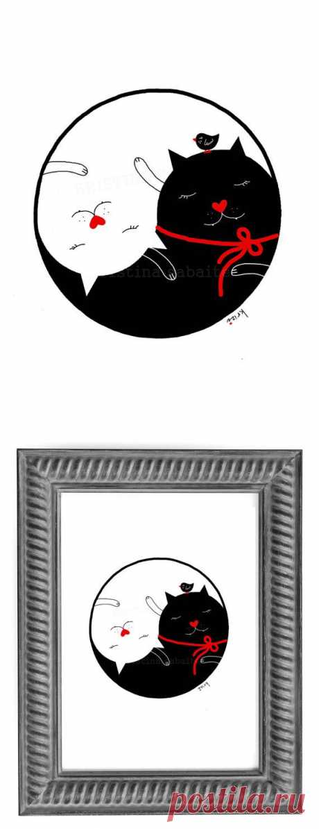 Illustration Print Yin Yang Cats Wall art от krize на Etsy