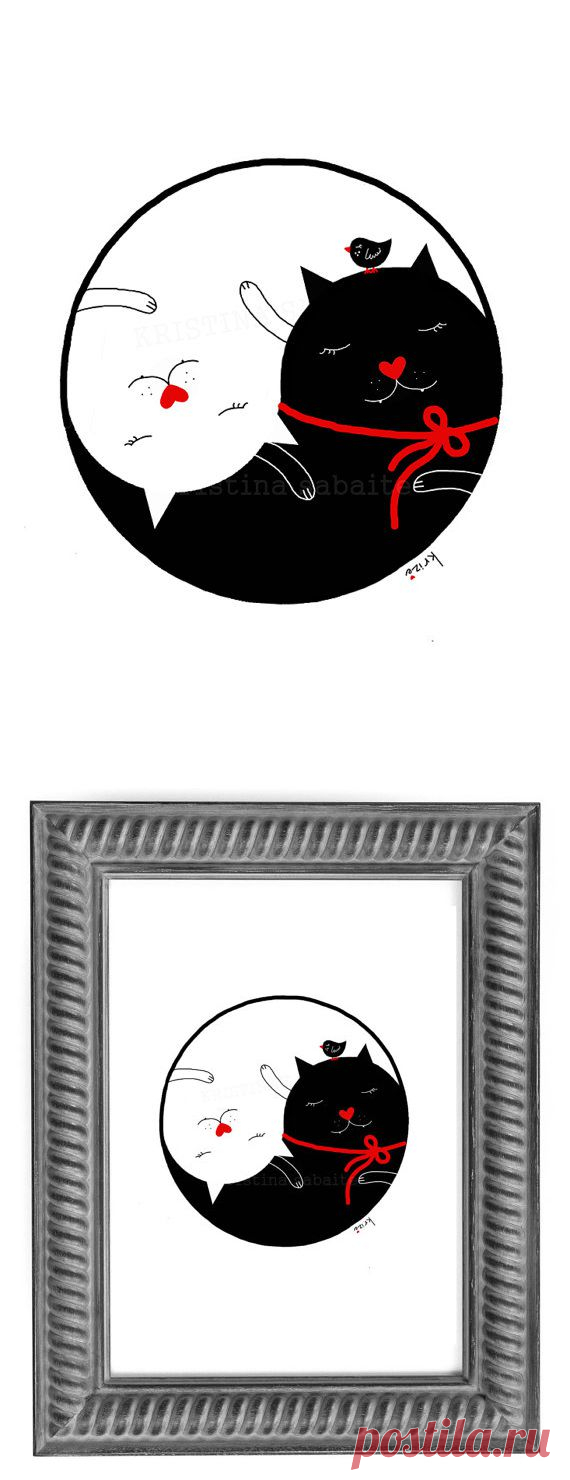 Illustration Print Yin Yang Cats Wall art от krize на Etsy