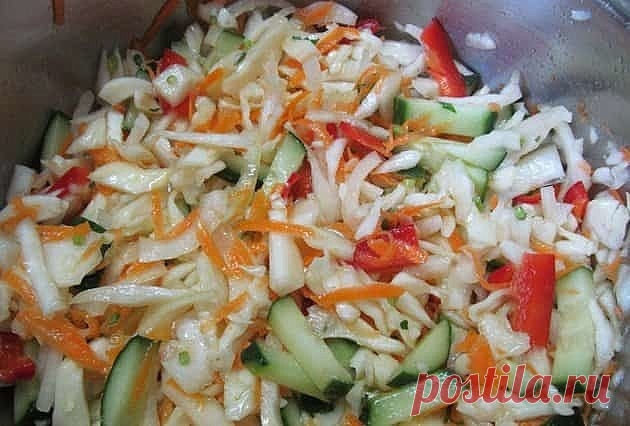 БЫСТРАЯ МАРИНОВАННАЯ КАПУСТА С ОГУРЦАМИ!!!

Восхитительная и простая в приготовлении маринованная капустка с малосольными маринованными огурчиками.
Ингредиенты:
500 белокочанной капусты,
500 г свежих огурцов,
острый красный перец в стручках по вкусу,
несколько зубчиков чеснока.

Для маринада:
1 литр воды,
5 горошин перца,
1 ст. ложки соли,
2 ст. ложки сахара.
3 ст. ложки растительного масла (оливковое или подсолнечное),
3 ст. ложки яблочного уксуса,
паприка и сухой укроп по вкусу.