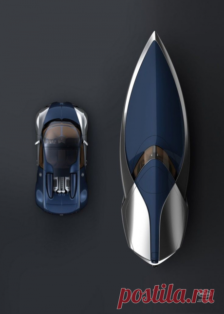 Киберпанк. Автомобиль Bugatti со скоростным катером в тон.