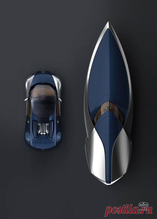 Киберпанк. Автомобиль Bugatti со скоростным катером в тон.