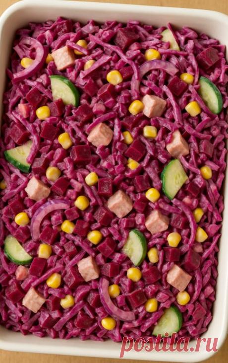 Салат Виолетта
Нежный салат с сочными овощами и сливочной заправкой, создающий гармонию вкуса на домашнем столе.
Необходимое для блюда:
Краснокочанная капуста — 250 г
Свекла варёная — 200 г
Красный лук — 1 небольшая головка
Огурцы свежие — 2 шт.
Куриное филе — 250 г
Кукуруза консервированная — 150 г
Йогурт натуральный густой — 3 ст. л.
Сметана — 2 ст. л.
Горчица мягкая — 1 ч. л.
Соль — по вкусу Чёрный перец — щепоть