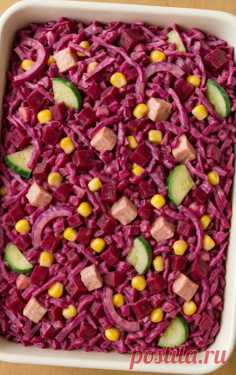 Салат Виолетта
Нежный салат с сочными овощами и сливочной заправкой, создающий гармонию вкуса на домашнем столе.
Необходимое для блюда:
Краснокочанная капуста — 250 г
Свекла варёная — 200 г
Красный лук — 1 небольшая головка
Огурцы свежие — 2 шт.
Куриное филе — 250 г
Кукуруза консервированная — 150 г
Йогурт натуральный густой — 3 ст. л.
Сметана — 2 ст. л.
Горчица мягкая — 1 ч. л.
Соль — по вкусу Чёрный перец — щепоть