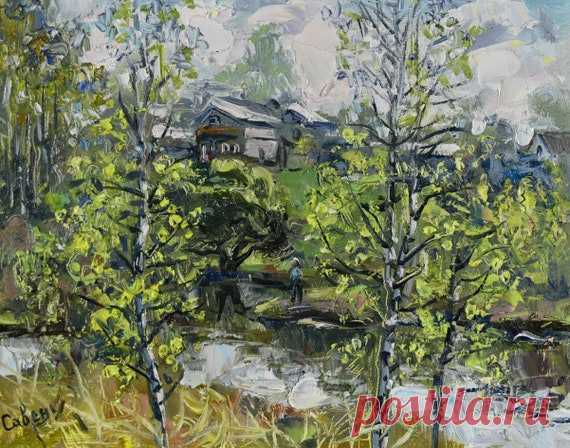 Spring Painting Landscape Original Art Birches Artwork Lake | Etsy HAND ORIGINAL painted a small oil impasto painting by Natalia Savenkova.  Title: Spring Landscape Size: 8 x 10 inches (20,3 x 25,4cm). Medium: panel, oil paints. Style: Modern, Impressionist, Impasto. Need a decorative frame.  Small beautiful painting for home and office, the perfect gift for your