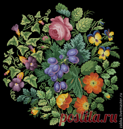 Купить Букет с виноградом - разноцветный, ретро, Вышивка крестом, вышивка крестиком, схема для вышивки крестом